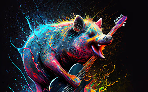 karya seni babi warna-warni memegang gitar 
