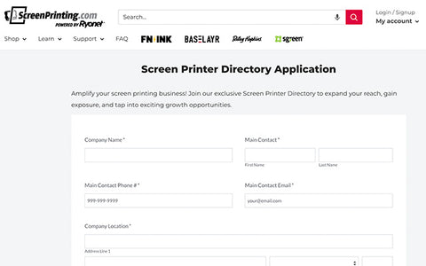 halaman aplikasi di ScreenPrinting.com tempat toko dapat menambahkan bisnisnya